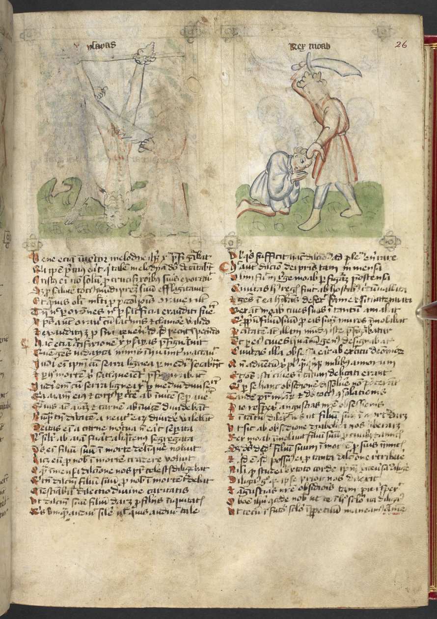 Sloane 361, f.26 Męczeństwo Izajasza; Król Moab składa w ofierze swojego syna, z „Speculum Humanae Salvation” (tusz i kolor na welinie) autorstwa German School