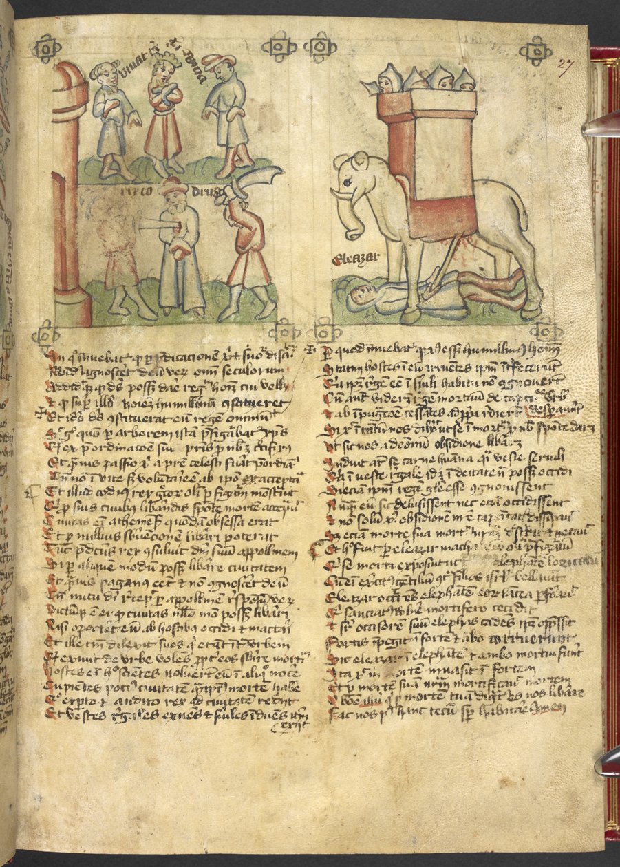 Sloane 361, f.27 Król Codrus oddaje się na śmierć dla swojego ludu, a Eleazar Machabeusz dźga słonia i zostaje przez niego zmiażdżony, z „Speculum Humanae Salvation” (atrament i kolor na welinie) autorstwa German School