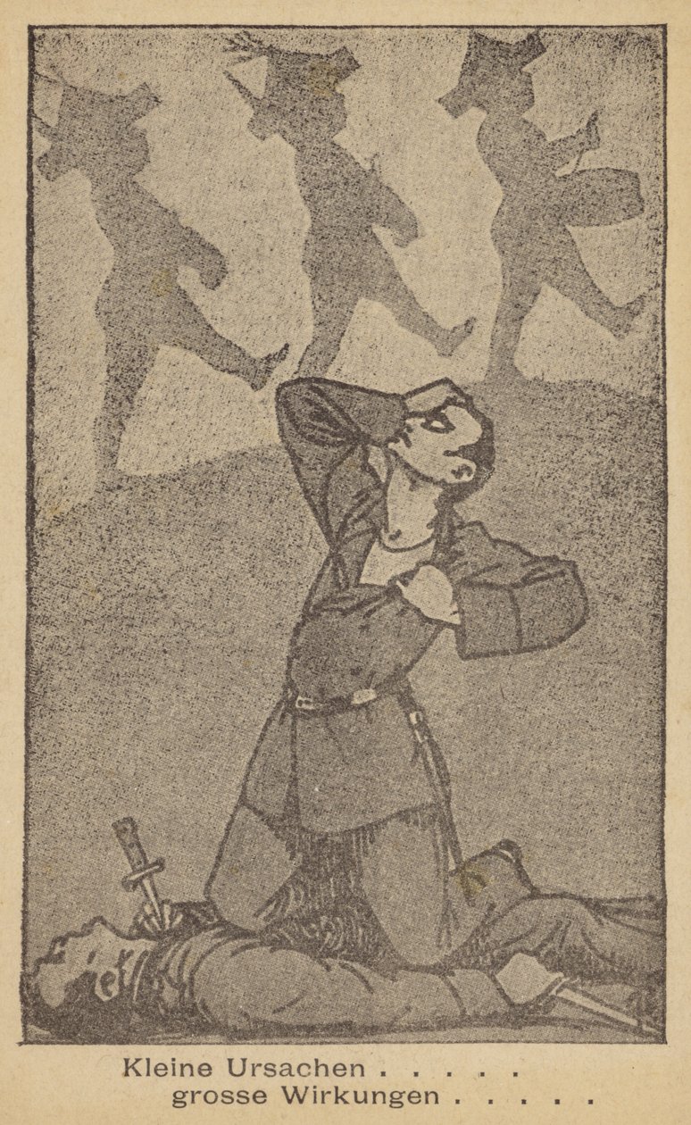 Małe przyczyny - wielkie skutki. Niemiecka ilustracja antywojenna, wydana przez WILPF (Międzynarodową Ligę Kobiet na rzecz Pokoju i Wolności), koniec lat dwudziestych (litografia). autorstwa German School
