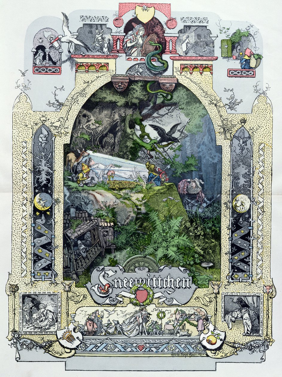Królewna Śnieżka w swojej szklanej kawie, ilustracja z Munchener Bilderbogen, ok. 1880 r. autorstwa German School