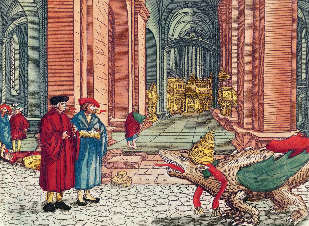 Mówienie językami, Pięćdziesiątnica, z Biblii Lutra, ok. 1530 (kolorowy drzeworyt) autorstwa German School