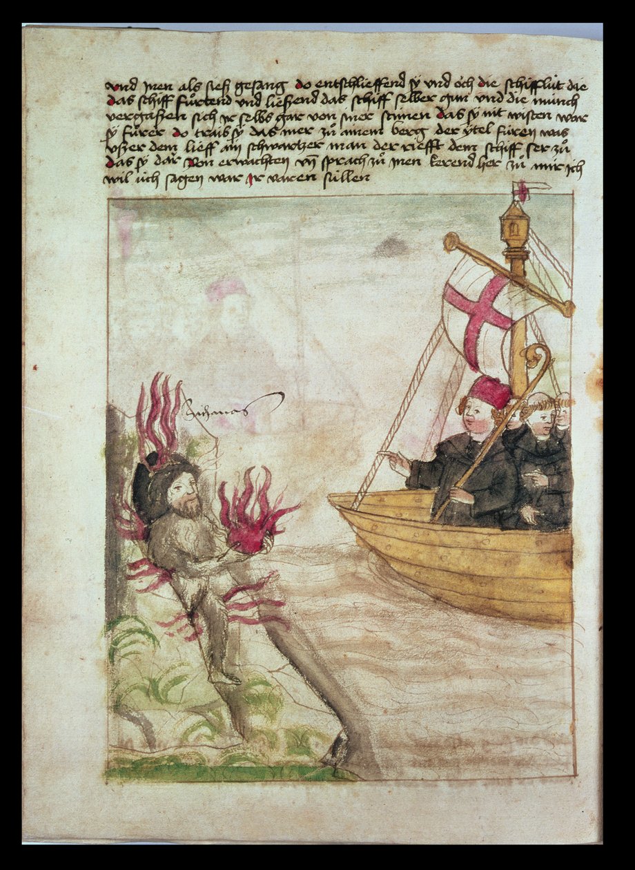 St Brendan na swoim statku, z niemieckiego tłumaczenia The voyage of St Brendan Abbot, c.1476 autorstwa German School