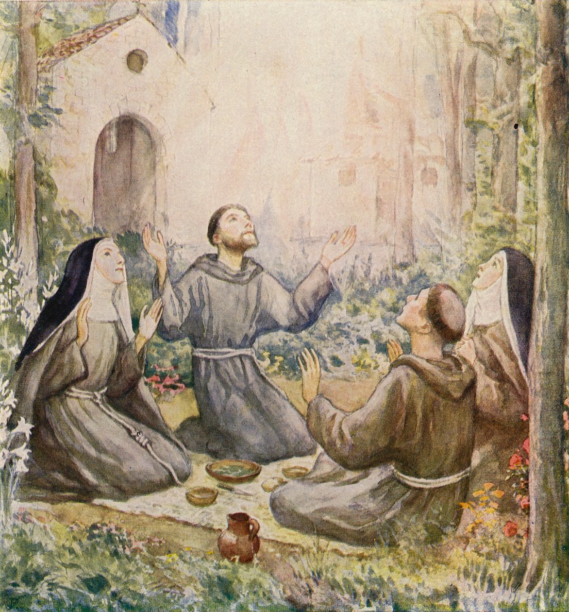 Franciszek i Klara z Asyżu spożywający posiłek przed kościołem Matki Boskiej Anielskiej (kolorowa litografia) autorstwa German School