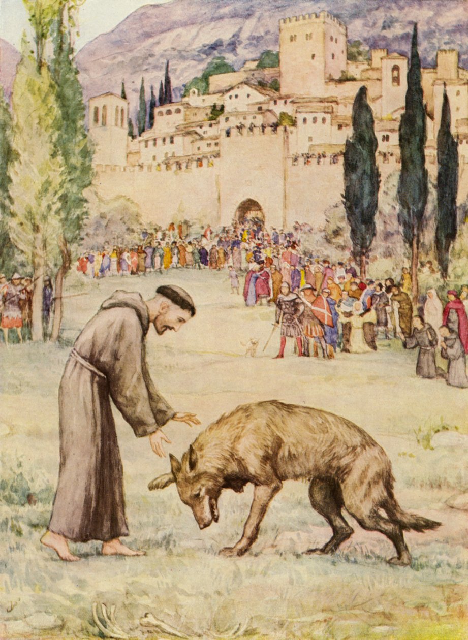 Święty Franciszek i wilk z Gubbio (kolorowa litografia) autorstwa German School