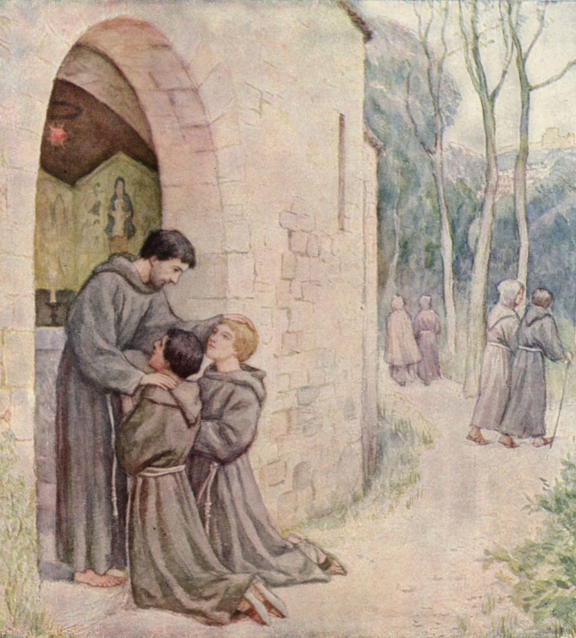 Pierwsza misja świętego Franciszka (kolorowa litografia) autorstwa German School