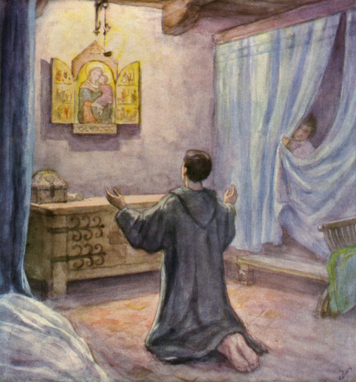 Franciszek klęczący przed ikoną Matki Boskiej z Dzieciątkiem (kolorowa litografia) autorstwa German School