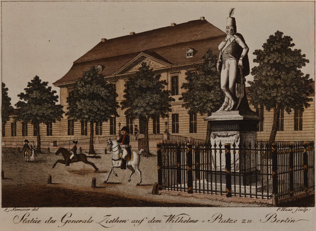 Posąg generała von Ziethena na Wilhelm Platz, Berlin (akwaforta kolorowa) autorstwa German School