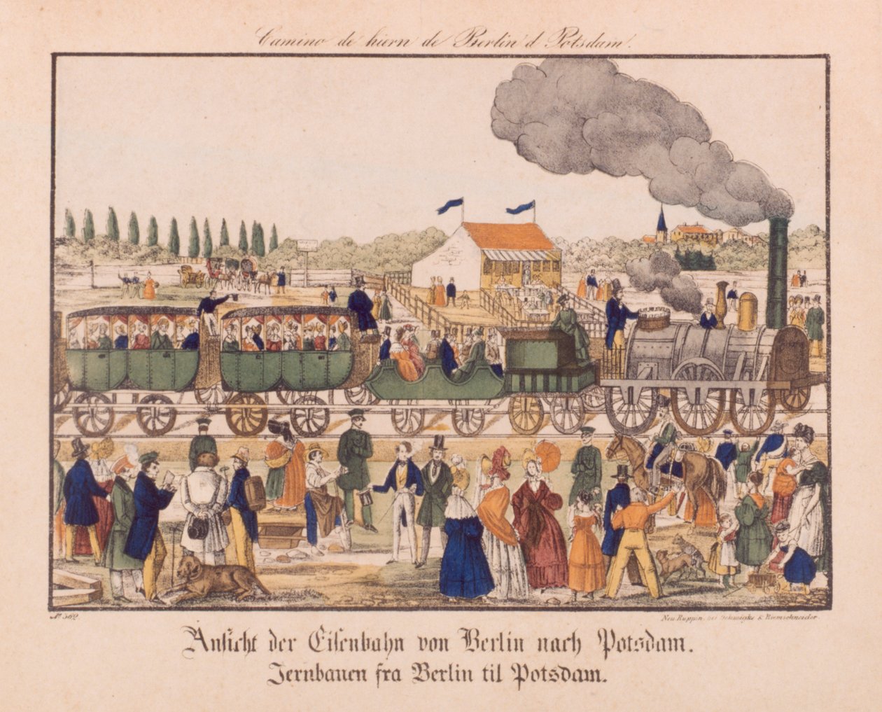 Kolej parowa między Berlinem a Poczdamem, Neuruppiner Bilderbogen, ok. 1840 r. autorstwa German School