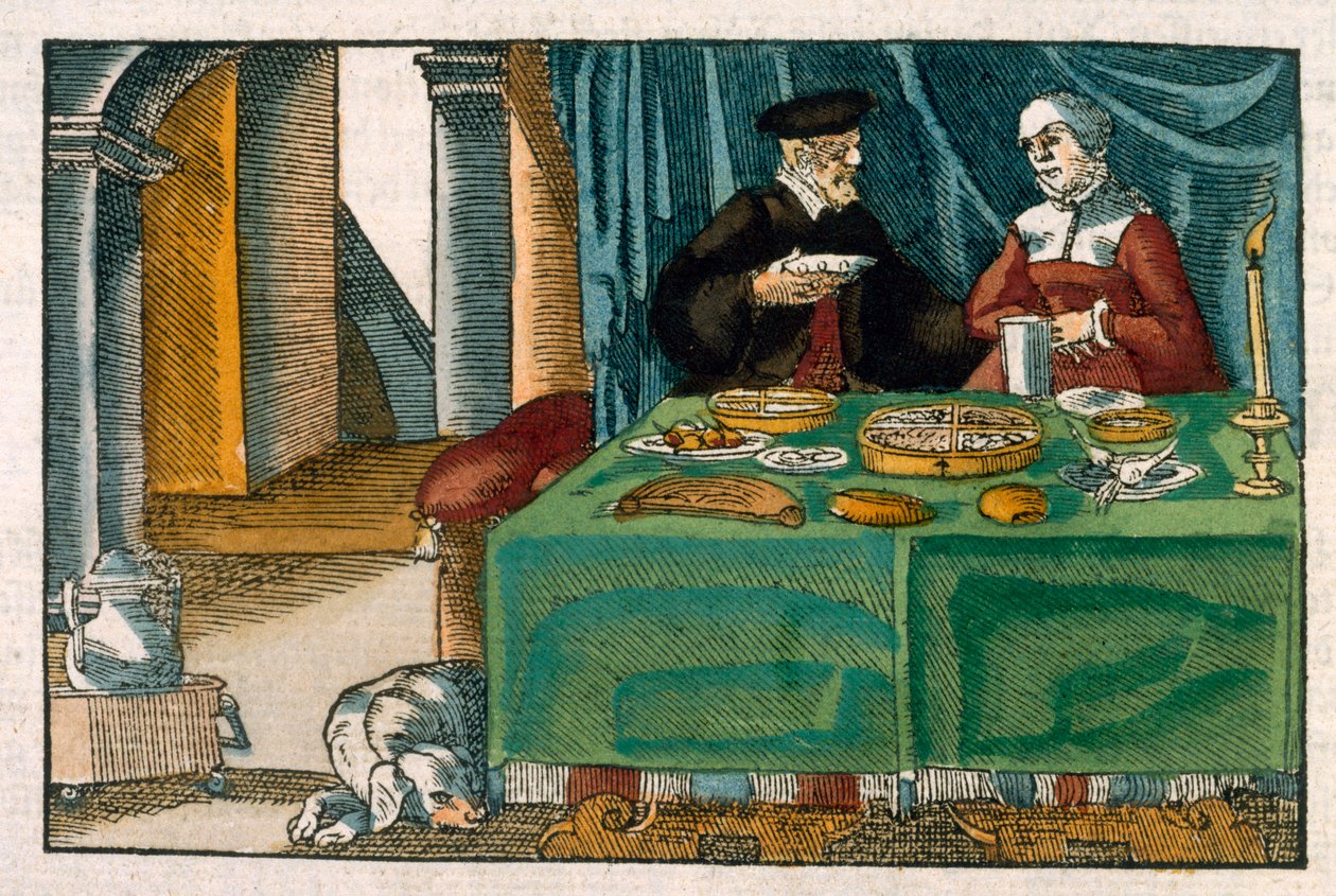 Stolik kolacyjny, z rękopisu niemieckiego, ok. 1650 (rycina ręcznie kolorowana) autorstwa German School