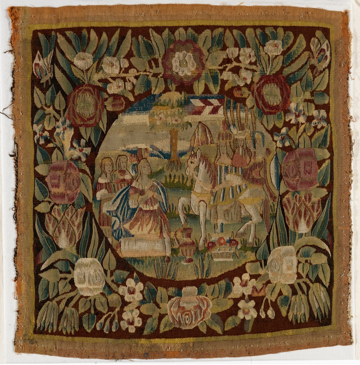 Gobelinowa poszewka na poduszkę przedstawiająca Dawida i Abigail, Samuela XXV, wykonana prawdopodobnie w Hamburgu, Niemcy, ok. 1615 r. (wełna) autorstwa German School