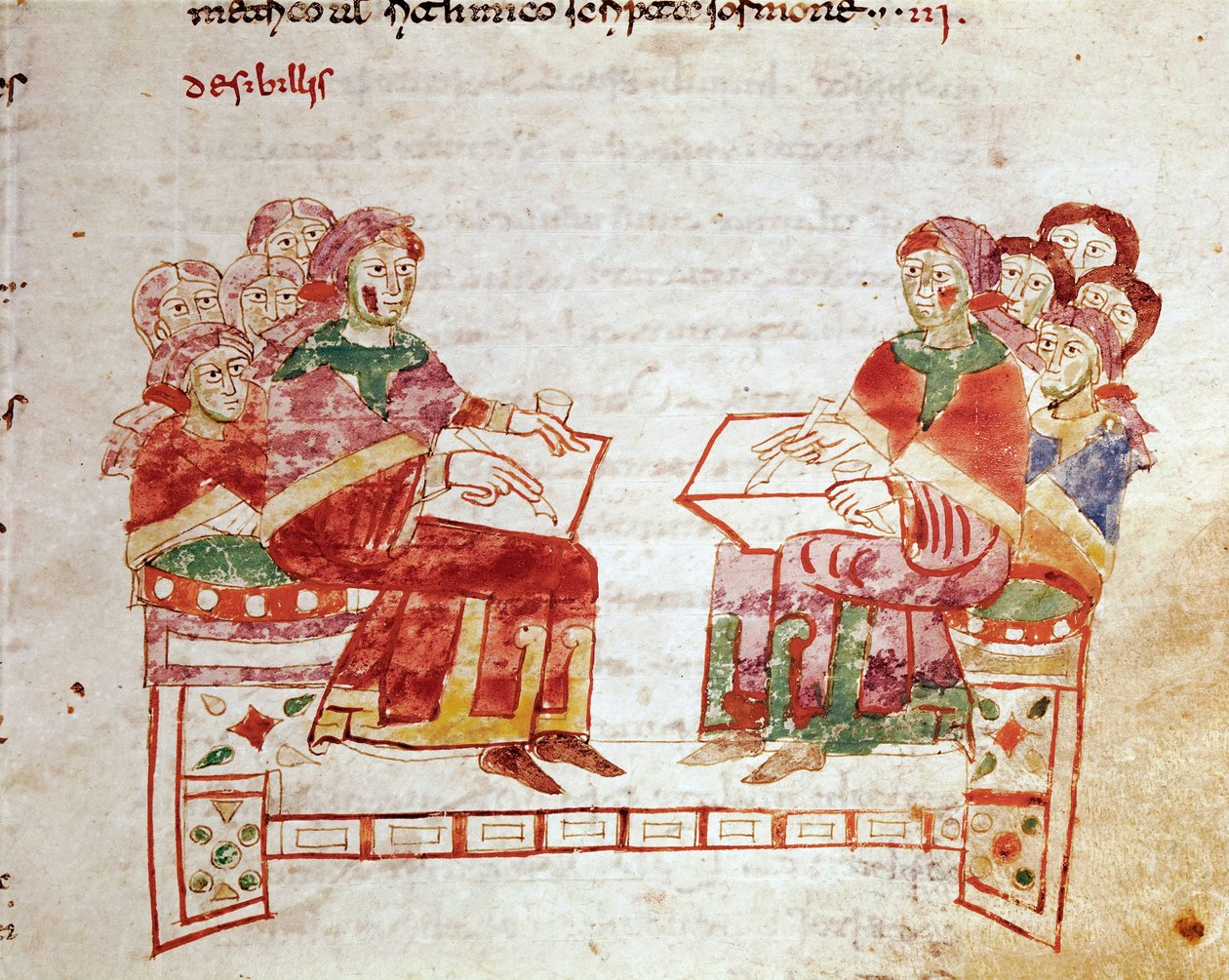 Scena nauczania w szkole miniatur zaczerpnięta z tomu „de Gymnasium” w „De Universo” (lub De rerum naturis (De la Nature des choices)) (kod 132) Rabanus Maurus Magnentius (lub Raban Maur lub Rabano Mauro) ( ok. 780-856). IX wiek. Archiwum autorstwa German School