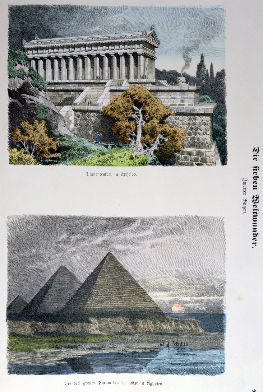 Świątynia Diany w Efezie i piramidy w Gizie, z serii Siedmiu Cudów Świata opublikowanej w Munchener Bilderbogen, 1886 (kolorowe grawerowanie) autorstwa German School