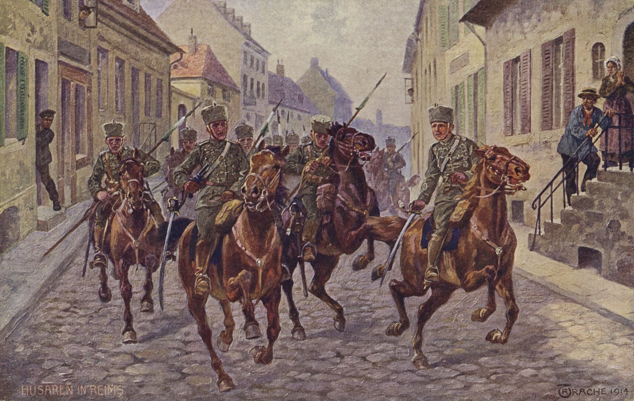 Tymczasowe zajęcie miasta Reims przez niemieckich huzarów, I wojna światowa, 9 września 1914 r. (kolorowa litografia) autorstwa German School