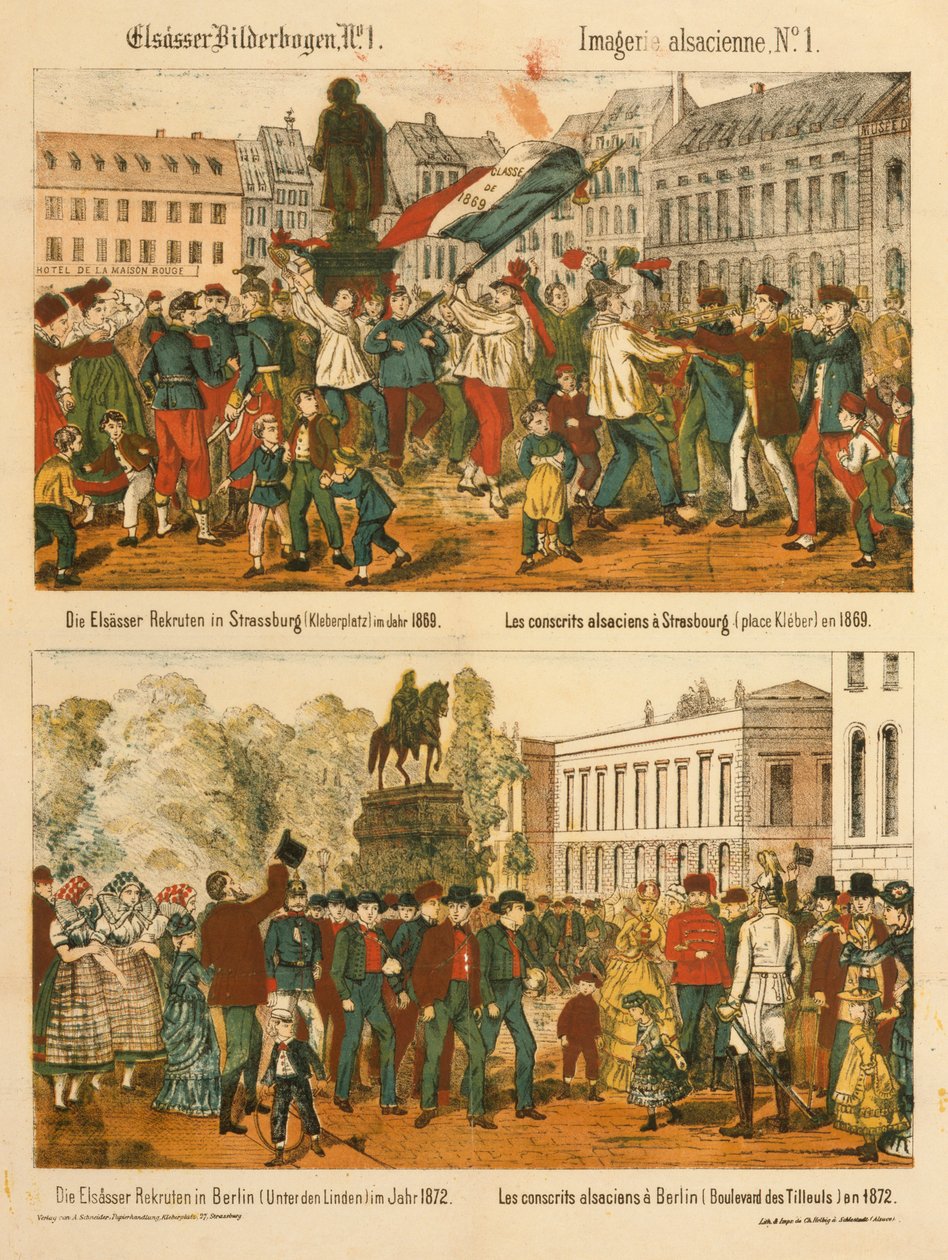 Rekruci z Alzacji w Strasburgu (Kleberplatz) w 1869 iw Berlinie (Under den Linden) w 1872, z Elsaesser Bilderbogen, opublikowane przez A. Schneidera, Strasburg, 1873 autorstwa German School