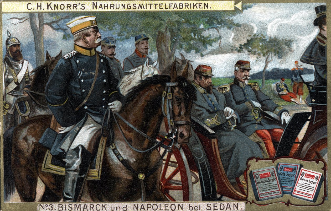 Bitwa pod Sedanem, wojna 1870: generał Otto von Bismarck (1815-1898), król pruski eskortował cesarza Napoleona III (Louis Napoleon Bonaparte autorstwa German School