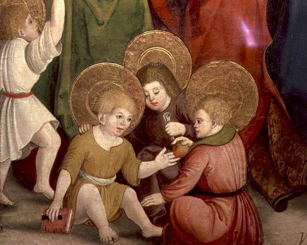 Dzieciństwo św. Józefa, fragment bawiących się dzieci, Szkoła Szwabska (olej na panelu) autorstwa German School