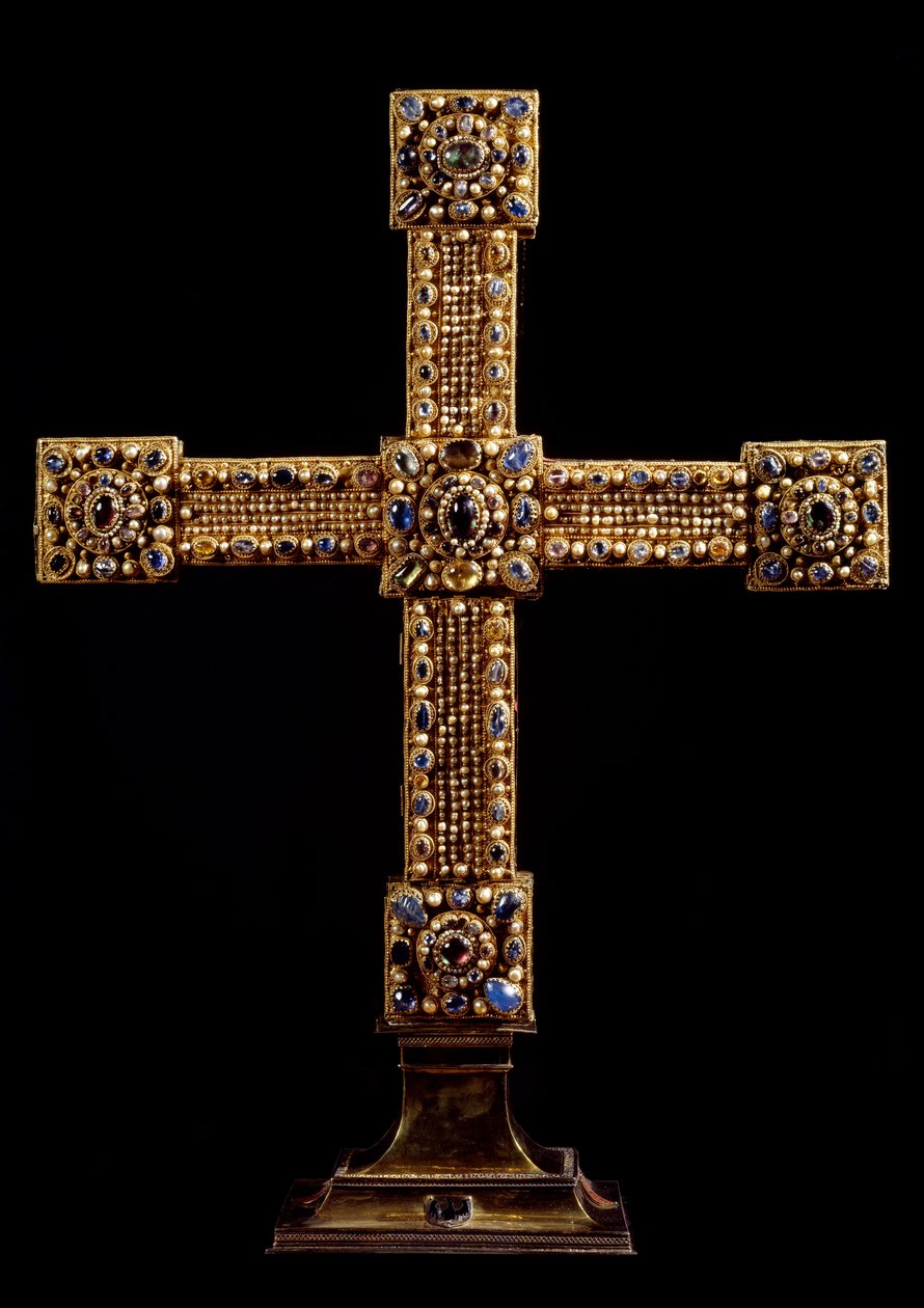 Krzyż Cesarski (Reichskreuz) wykonany ze złota, kamieni i pereł przez manufakturę niemiecką. Debiut XI w. Wym. 71x77 cm Wiedeń, Kunsthistorisches Museum - Krzyż Świętego Cesarstwa Rzymskiego (Reichskreuz) pokryty złotem płatkowym i ozdobiony g autorstwa German School
