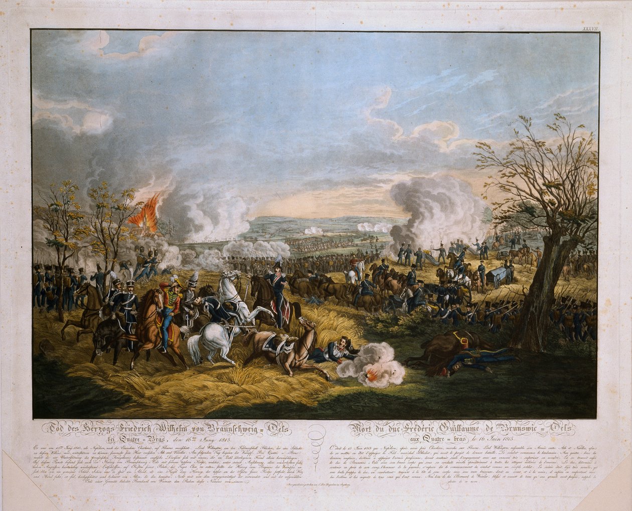 Śmierć księcia Fryderyka Wilhelma z Brunszwiku (1771-1815) - w bitwie pod Quatre Bras, 16 czerwca 1815, wyd. J.L. Rugendas, 1815 (akwatinta kolorowa) autorstwa German School
