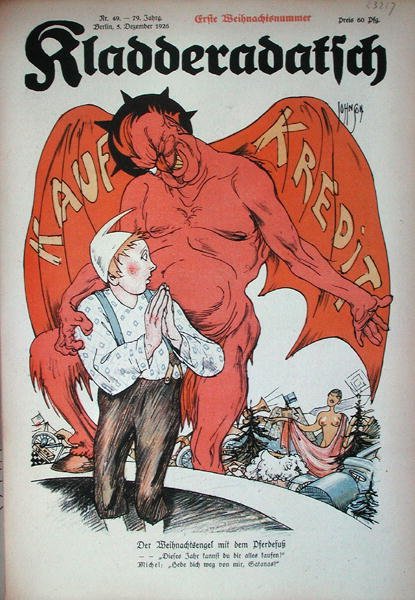 „Demon kredytu”, karykatura z magazynu „Kladderadatsch”, Berlin autorstwa German School