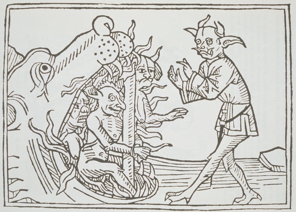 Diabeł Belial przed bramami piekieł, z Das Buch Belial, opublikowany w Augsburgu, 1473 autorstwa German School