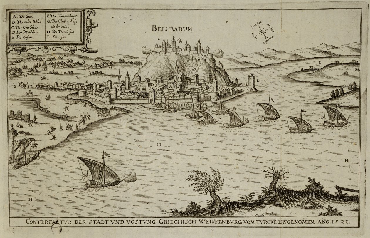 Upadek Belgradu Turkom w 1521 r., ilustracja z książki o kampaniach osmańskich w Europie, rytowana przez Paula Fursta (ok. 1605-66) autorstwa German School