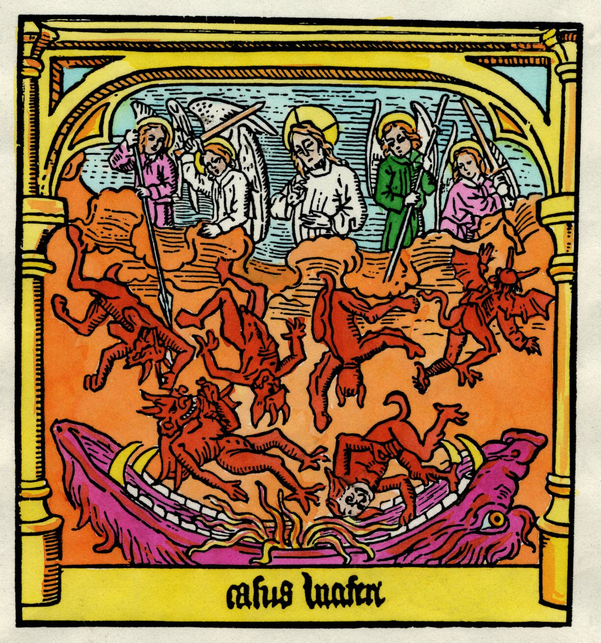 Upadek Lucyfera i zbuntowane anioły, ilustracja z egzemplarza „Biblia Pauperum” autorstwa German School