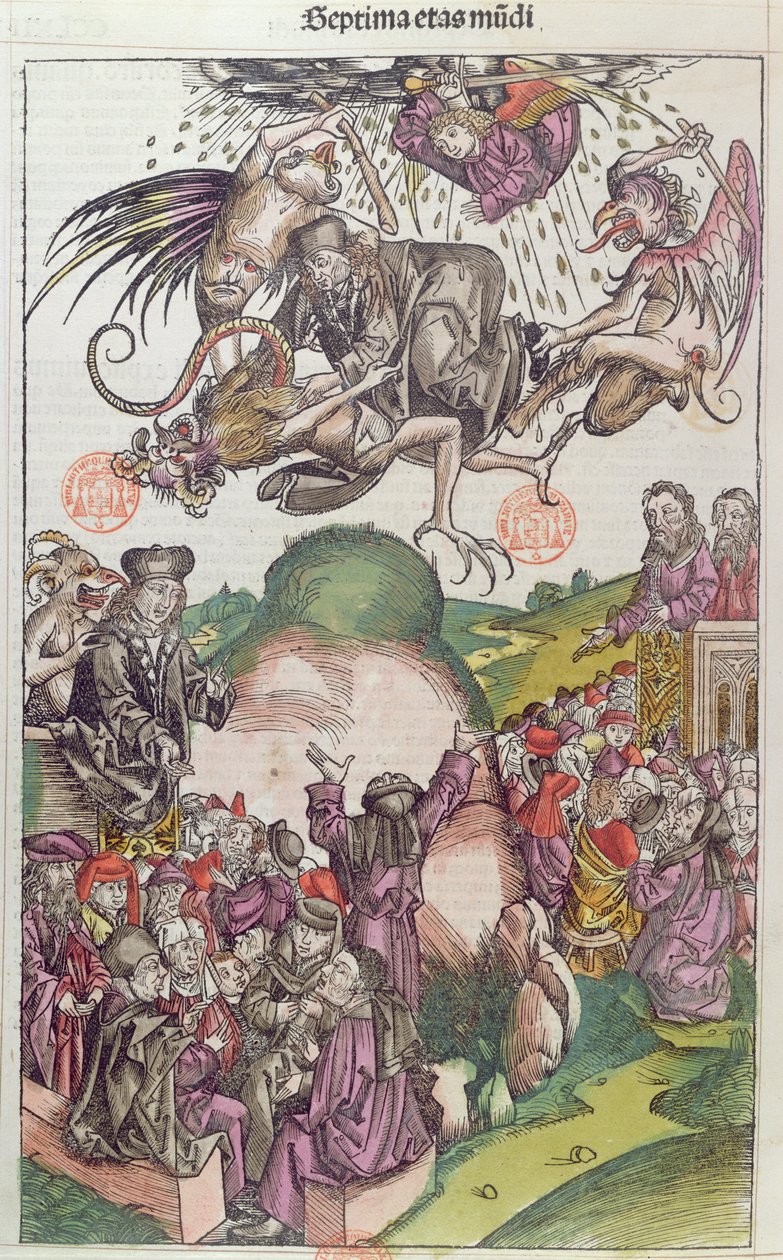 Upadek Szymona Maga, z La Chronique de Norymberga Hartmanna Schedla, Norymberga, 1492 (kolorowy drzeworyt) autorstwa German School