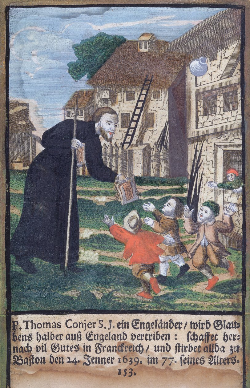 Ojciec jezuita Thomas Conjer ewangelizujący Francję, z Męczeństwa jezuitów, 1688 autorstwa German School