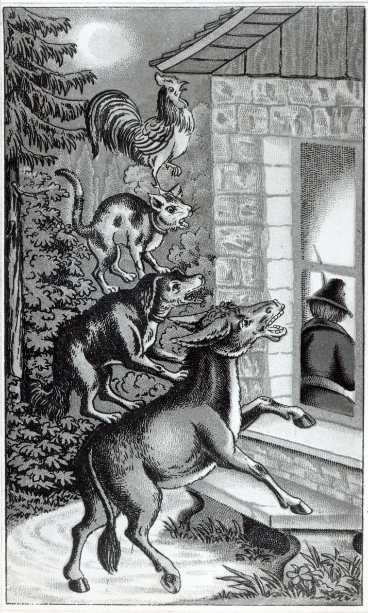 Cztery zwierzęta krzyczące do okna, ilustracja do Muzyków z Bremy, bajka braci Grimm autorstwa German School