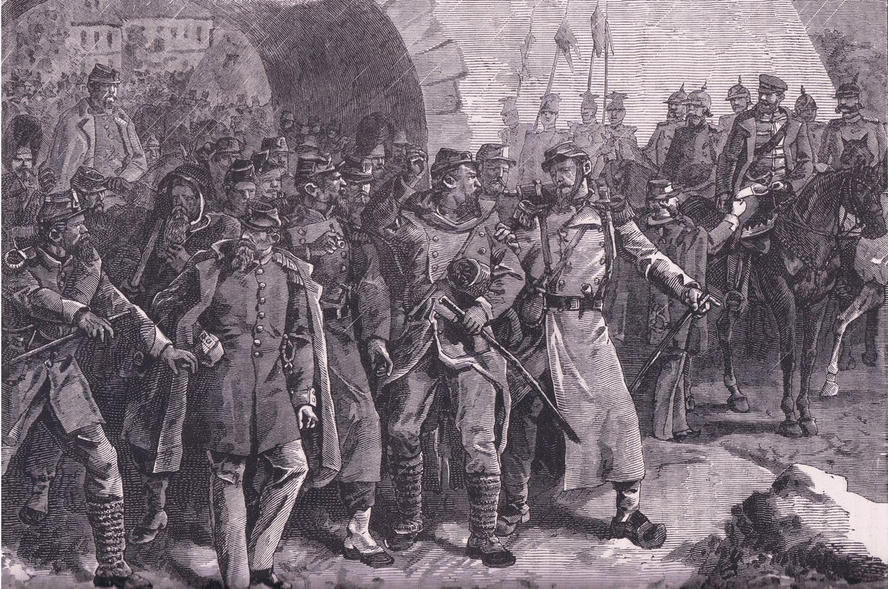 Armia francuska opuszczająca Metz, Cassells History of the War between France and Germany wydana przez Cassell and Company Limited, c.1890 (lito) autorstwa German School