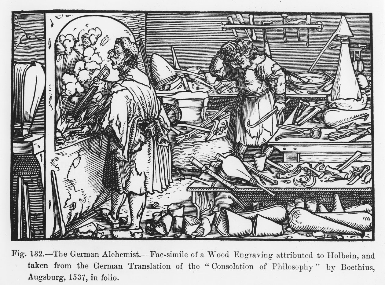 Niemiecki Alchemik, z Pocieszenia Filozofii Boecjusza, ilustracja z Nauki i literatury w średniowieczu i renesansie, napisana i rytowana przez Paula Lacroix, 1878 (b autorstwa German School