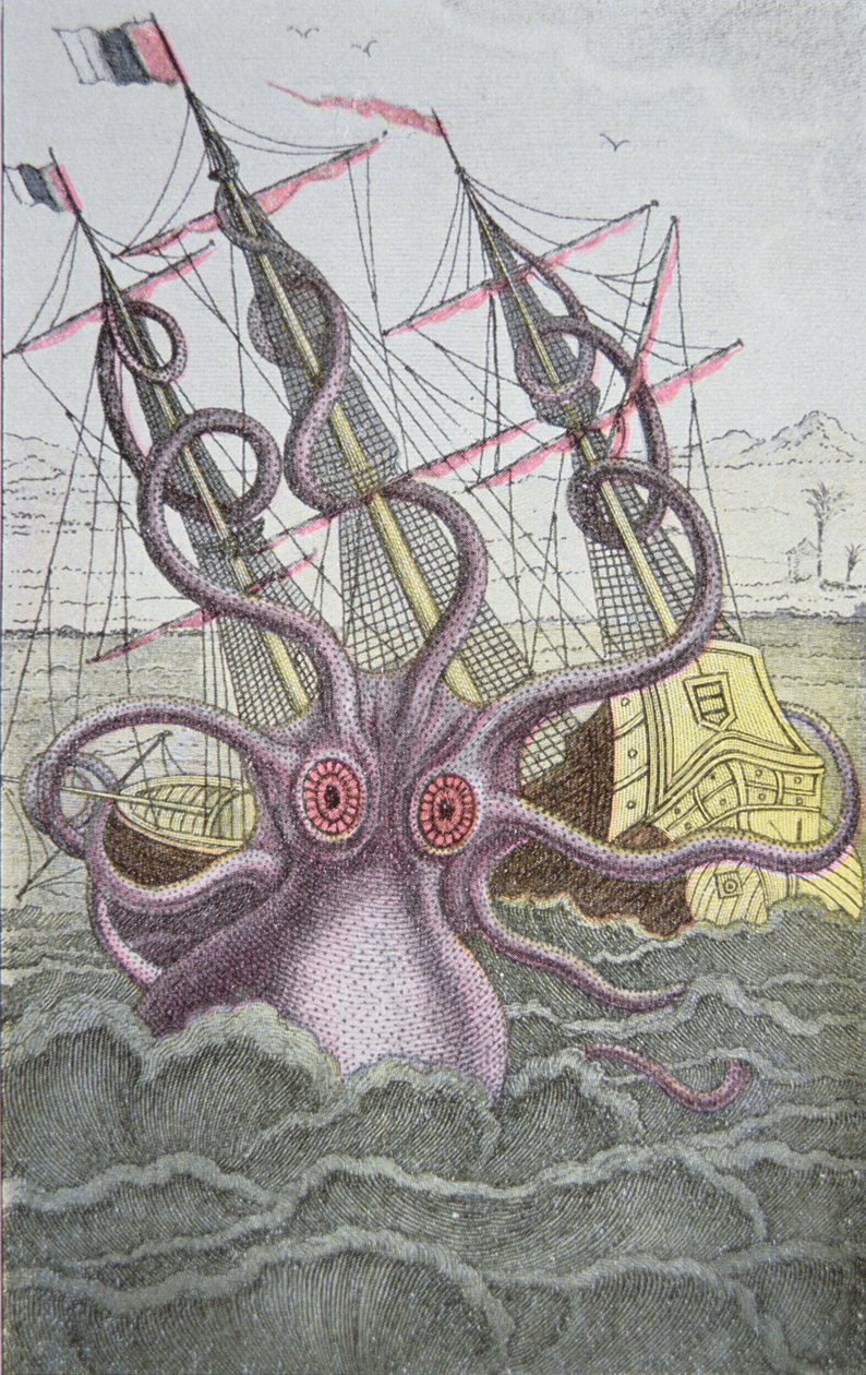 Kraken ciągnie statek (kolorowy grawerunek) autorstwa German School