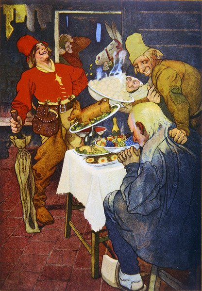 Magiczny Stół i Złoty Osioł, ilustracja do bajki braci Grimm autorstwa German School