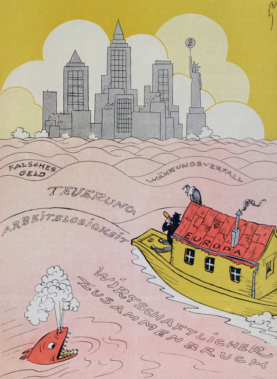 Nowy potop w Starym Świecie, karykatura nawiązująca do europejskiego kryzysu gospodarczego lat 20., z magazynu Kladderadatsch, Berlin, 1926 autorstwa German School