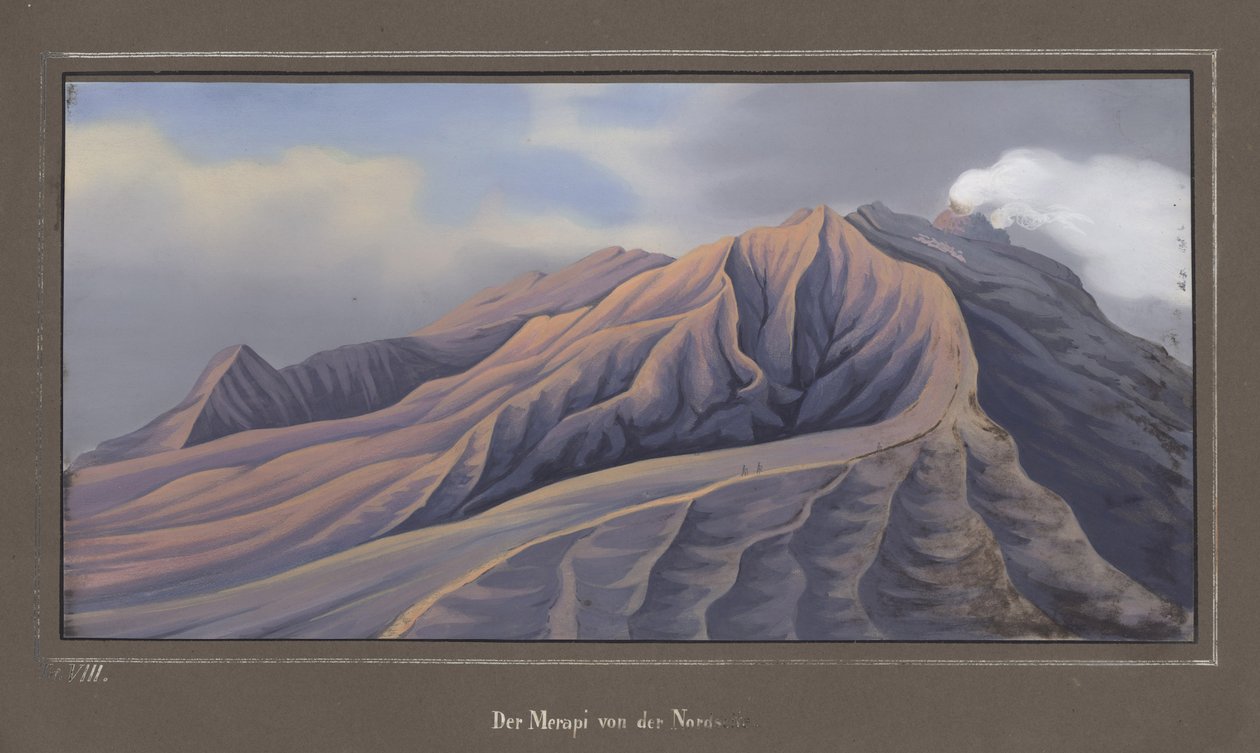 Północna strona Merapi widziana z 4686 stóp, listopad 1836, pl.VII z topograficznego i naukowego Atlasu podróży przez Jawę, autorstwa dr. Ojciec Junghuhn, Magdeburg, 1845 (kolor lit autorstwa German School