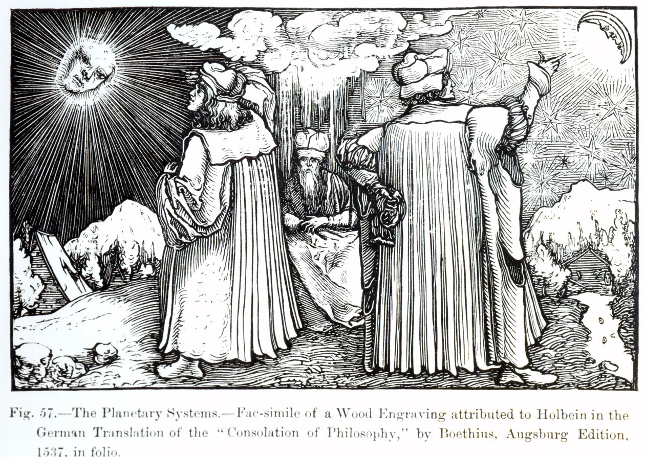 Układy planetarne, z The Consolation of Philosophy Boecjusza, opublikowane w 1537, ilustracja z Science and Literature in the Middle Ages and Renaissance, napisana i rytowana przez Paula Lacr autorstwa German School