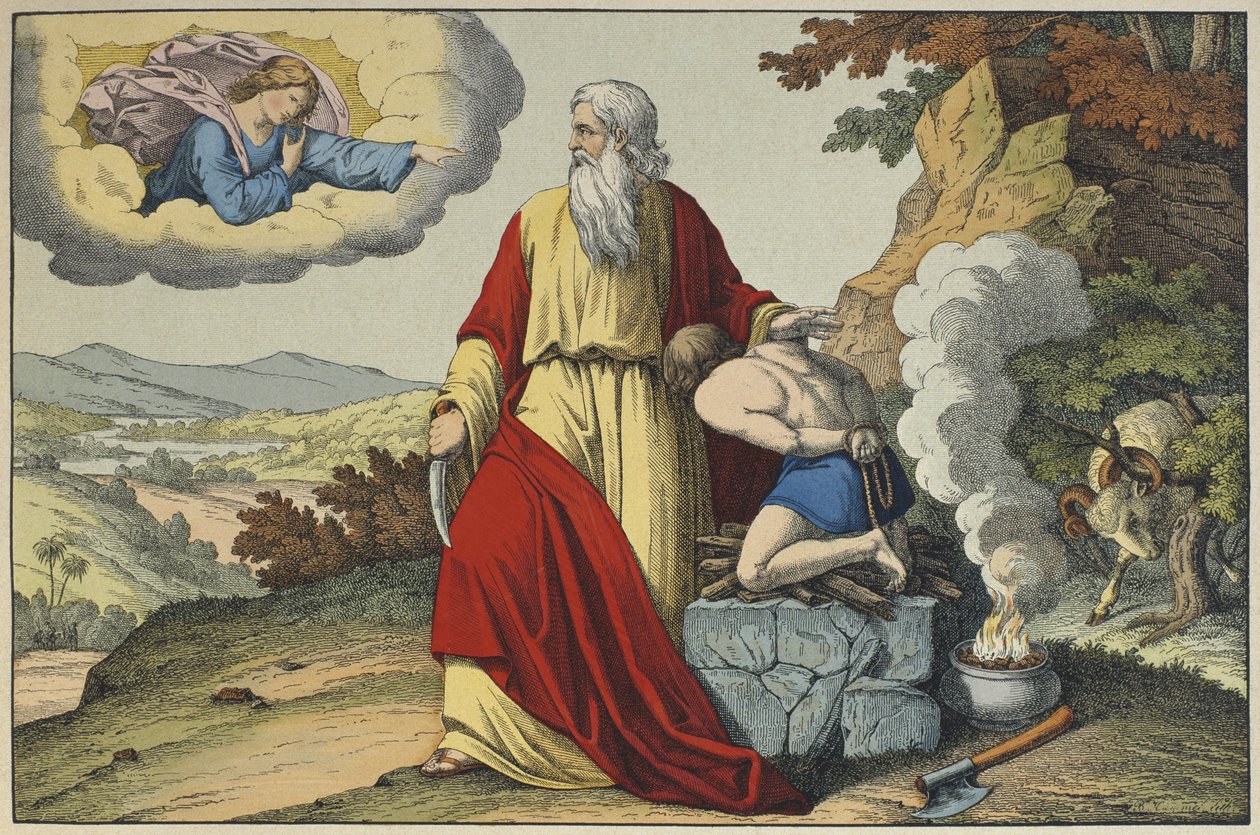 Ofiara Izaaka autorstwa Abrahama, ilustracja z Testamentu Lancien, wyd. Jakob Ferdinand Schreiber, Esslingen (kolorystyka) autorstwa German School