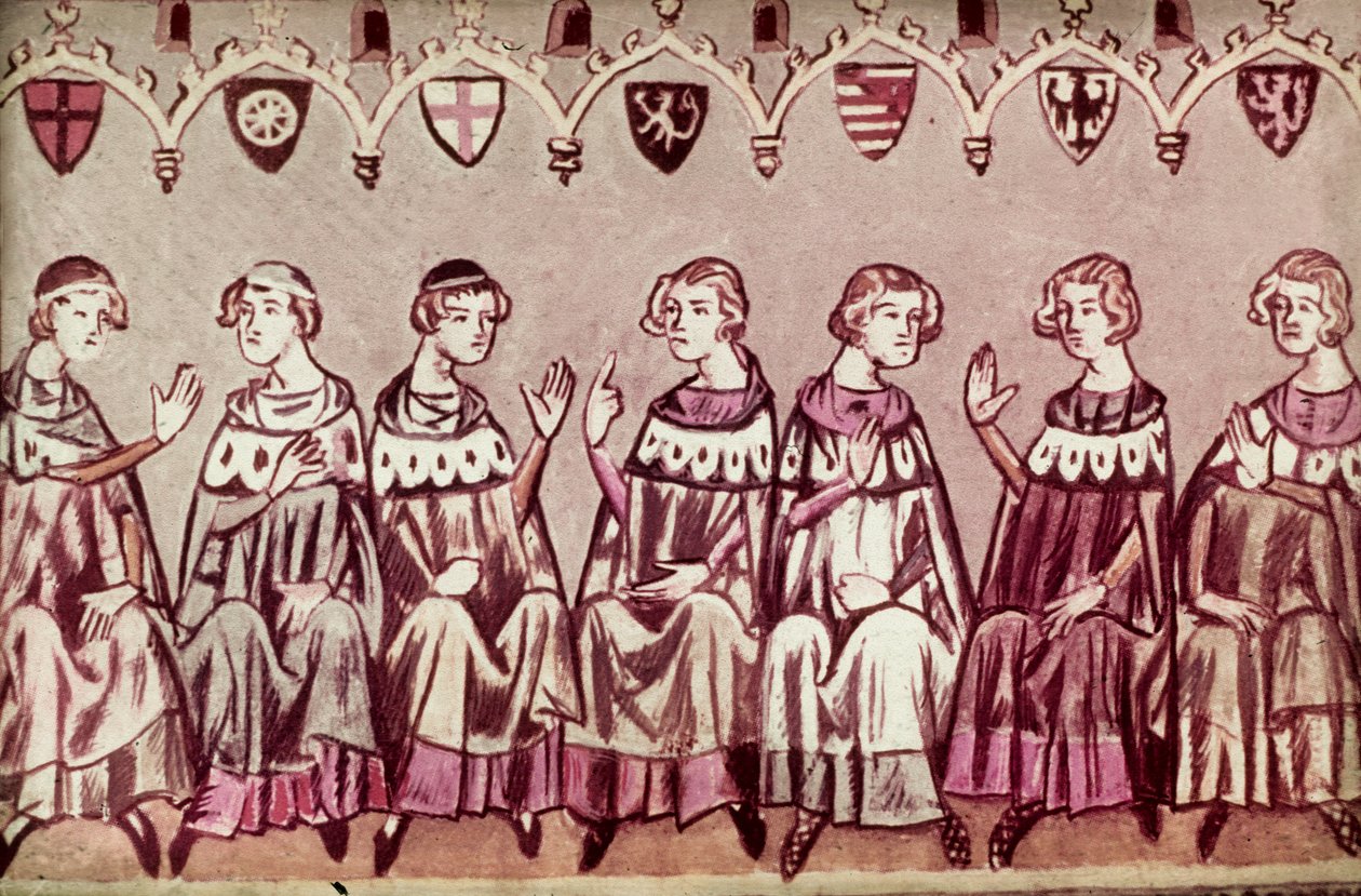Siedmiu książąt elektorów wybierających Henryka VII na cesarza rzymskiego, ilustracja z kroniki Henryka VII (Balduineum) 1341 (tusz i kolor na papierze welinowym) autorstwa German School