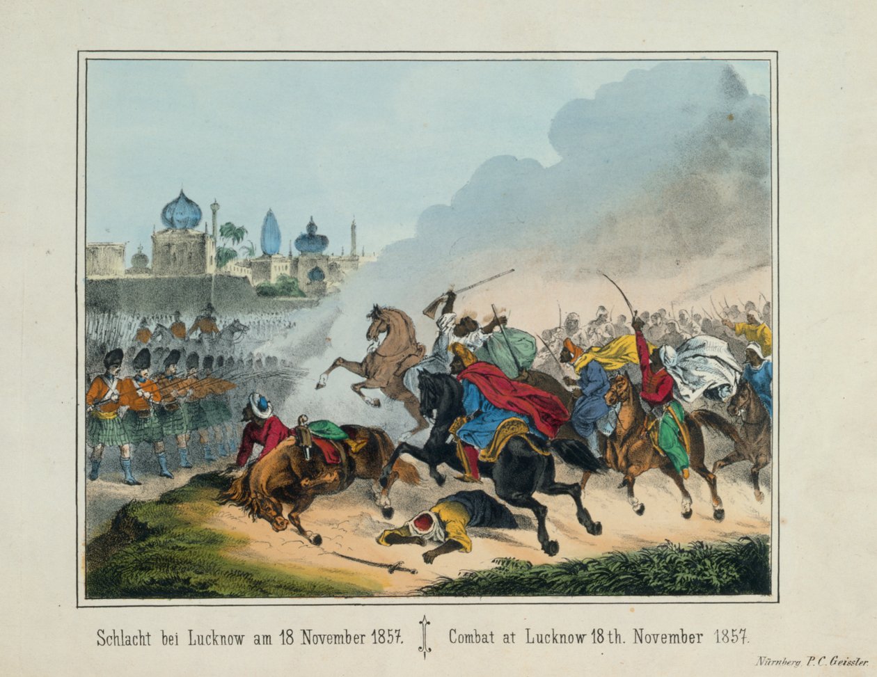 Oblężenie Lucknow w stanie Uttar Pradesh podczas indyjskiej rebelii w 1857 r., ilustrowana gazeta opublikowana przez P.C. Geissler, Norymberga, 1857 autorstwa German School