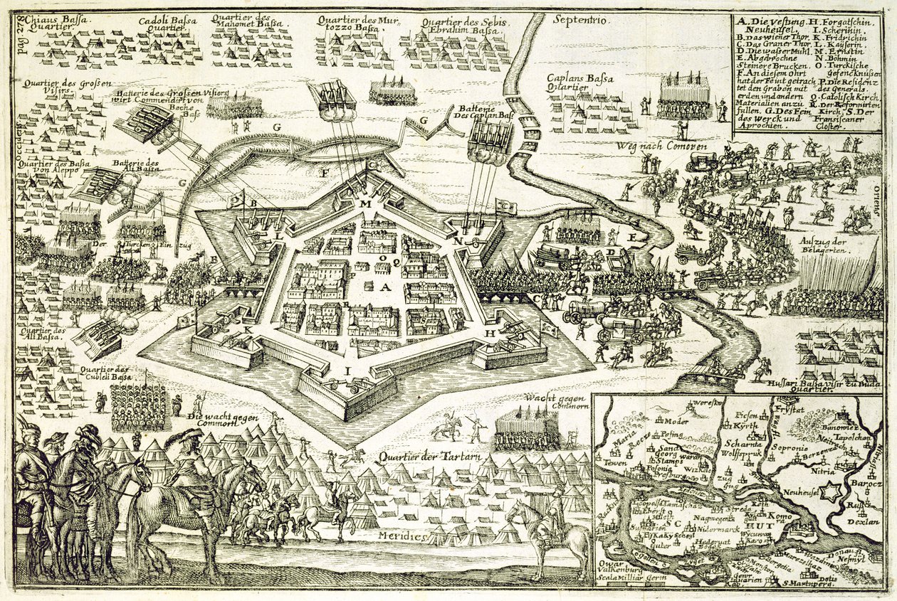Oblężenie Neuhausel przez Turków w 1663 r., ilustracja z książki o kampaniach osmańskich w Europie, rytowana przez Paula Fursta (ok. 1605-66) autorstwa German School