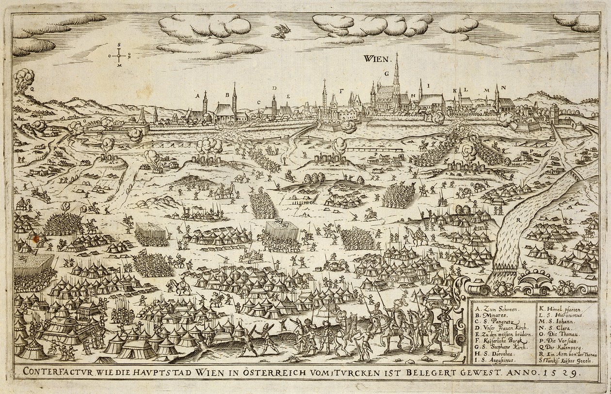 Oblężenie Wiednia w 1529 r., ilustracja z książki o kampaniach osmańskich w Europie, rytowana przez Paula Fursta (ok. 1605-66) autorstwa German School