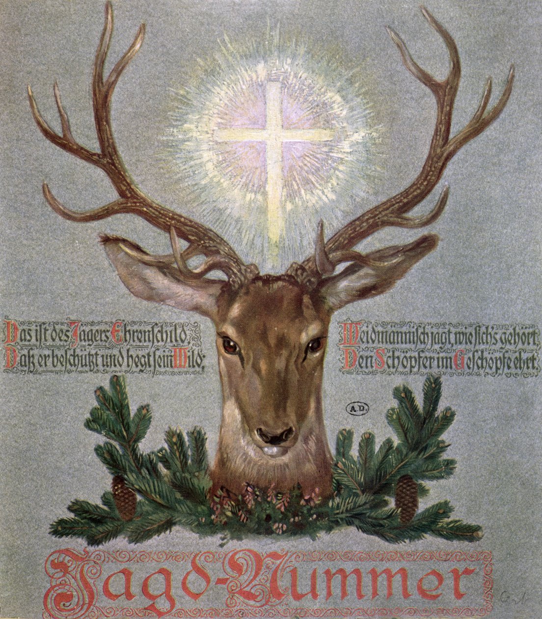 Jeleń św Huberta (655-727), ilustracja na okładce z dziennika myśliwskiego, 1908 autorstwa German School