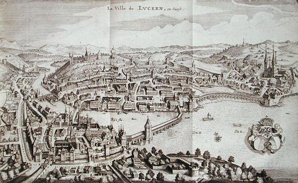 Miasto Lucerna, Szwajcaria, z „Itinera Alpina” Johanna Jacoba Scheuchzeriego, wydana w 1706 r. (rycina) autorstwa German School
