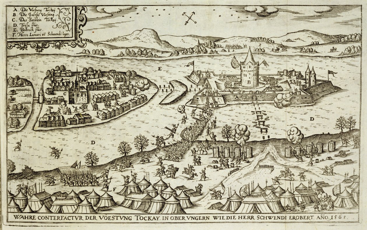 Miasto Tokaj Odzyskane od Turków przez Herr Schwendi w 1565 r., ilustracja z książki o kampaniach osmańskich w Europie, rytowana przez Paula Fursta (ok. 1605-66) autorstwa German School