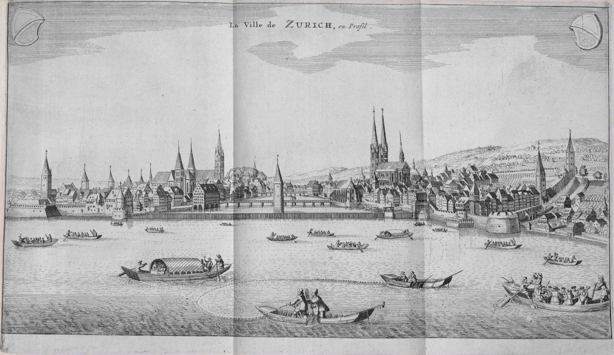 Miasto Zurych, Szwajcaria, z tomu II Itinera Alpina Johanna Jacoba Scheuchzeriego, wydana w 1706 r. autorstwa German School
