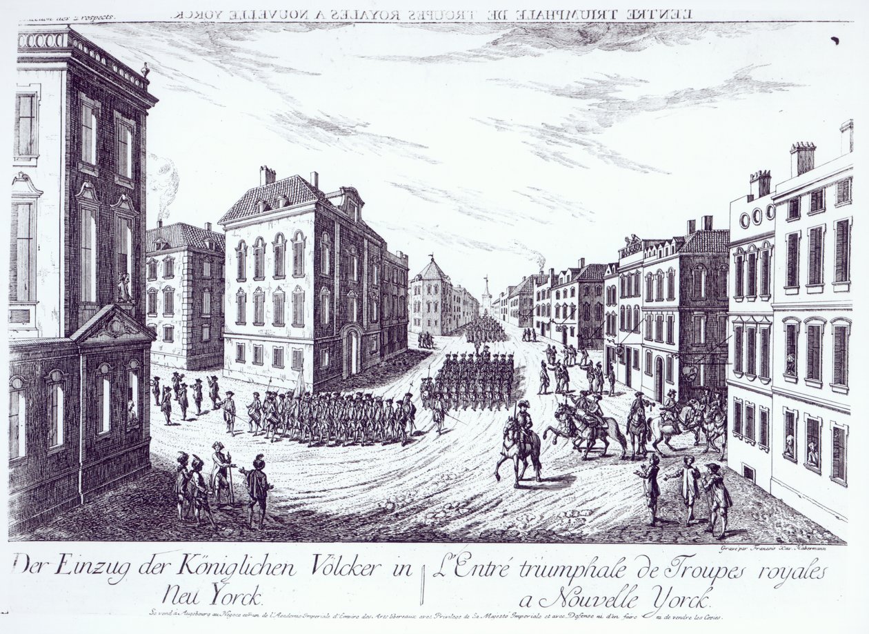 Triumfalny wjazd wojsk królewskich do Nowego Jorku, 1776, ryty przez Francois Xavier Habermann autorstwa German School