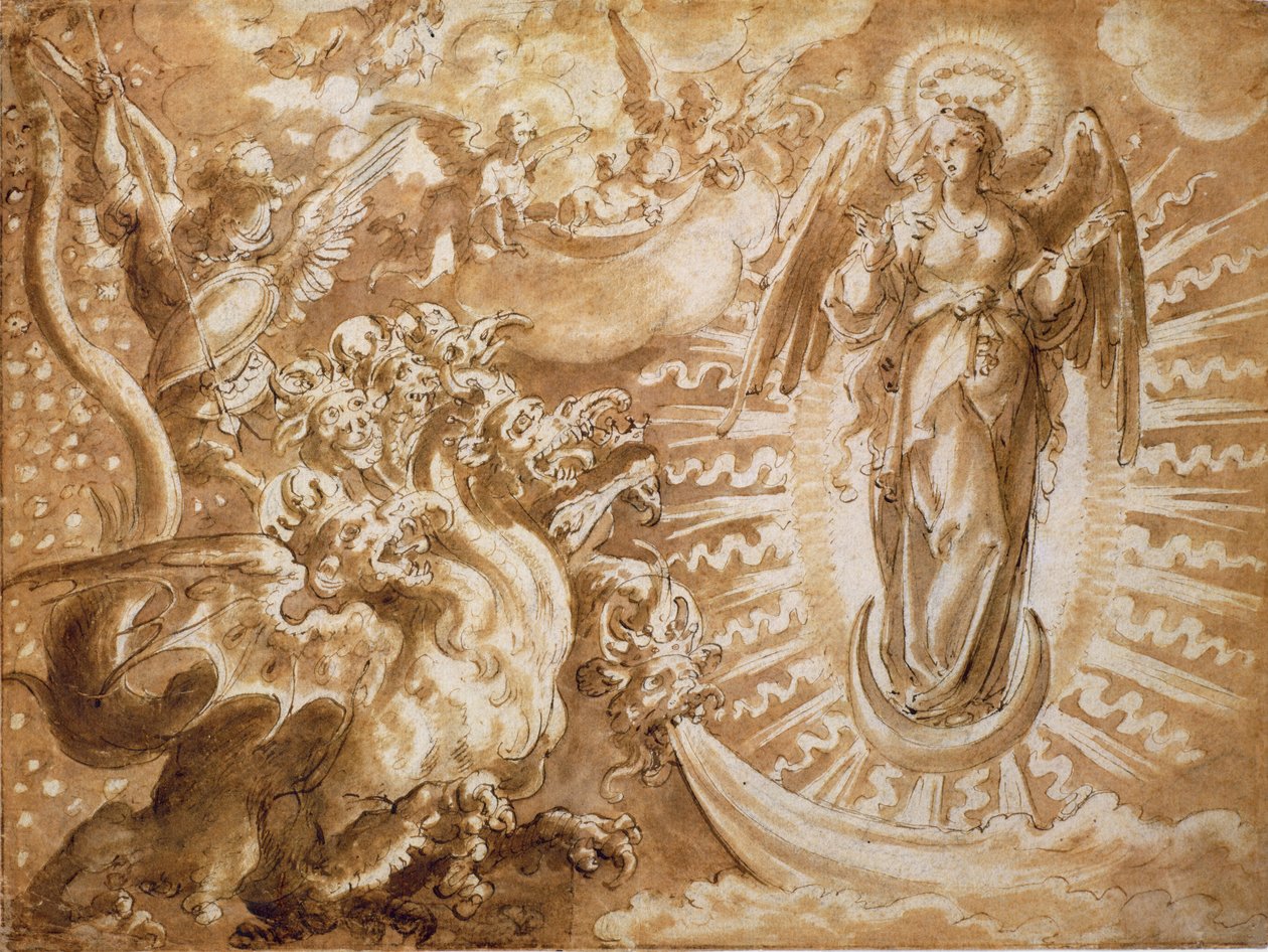 Kobieta odziana w słońce i siedmiogłowego smoka, ok. 1600 (pióro i atrament z rozmyciem na czarnej kredzie) autorstwa German School