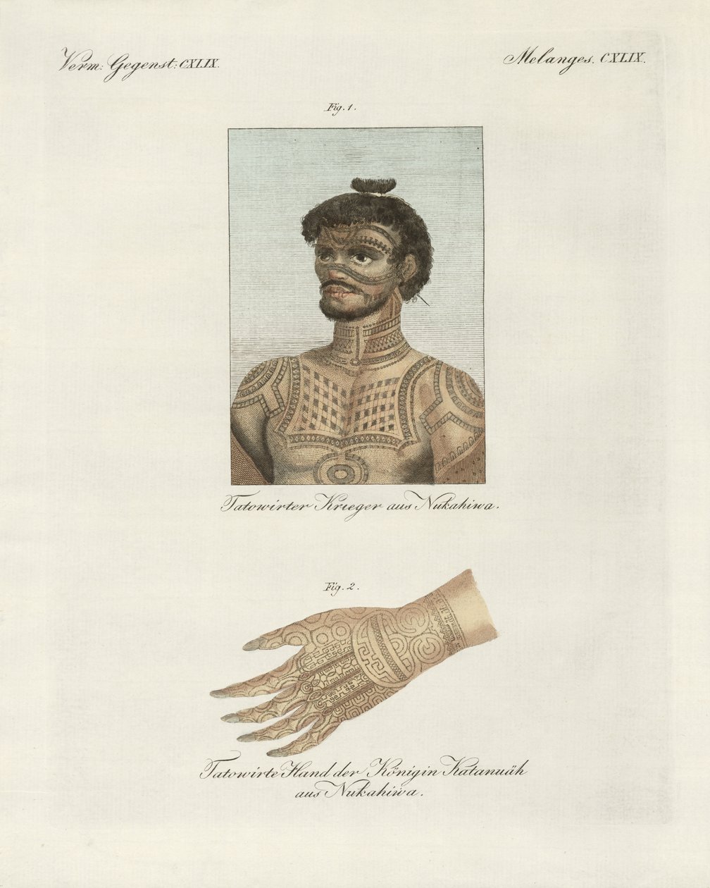 Sztuka tatuowania na wyspie Nukahiwa (kolorowy grawer) autorstwa German School