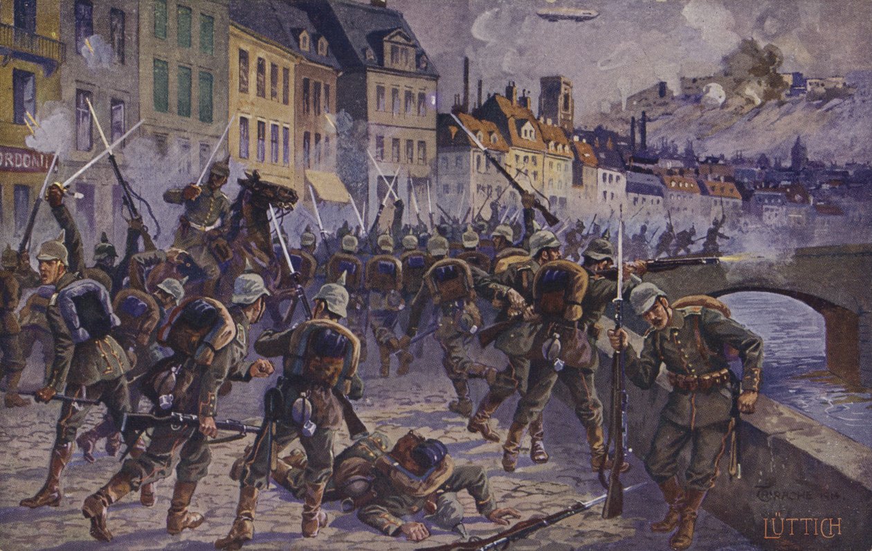 Zdobycie Liege, Belgia, I wojna światowa, 7 sierpnia 1914 r. (kolorowa litografia) autorstwa German School