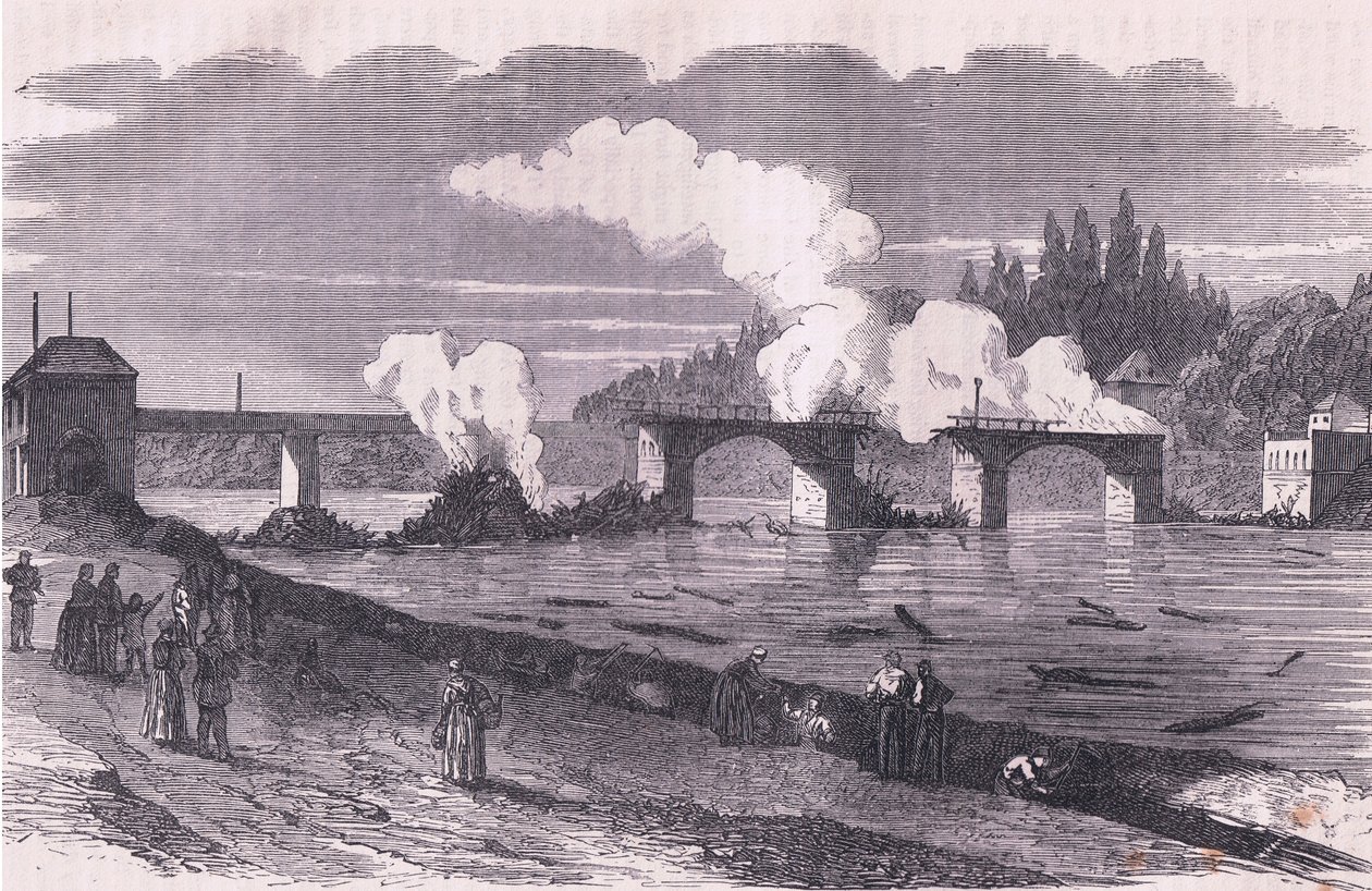Obrona Paryża-płonący most Asnieres, Cassells History of the War between France and Germany opublikowany przez Cassell and Company Limited, c.1890 (lito) autorstwa German School